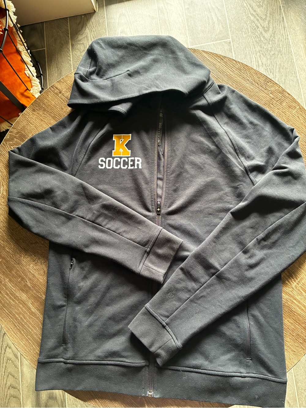 lululemon athletica Men's Black Zip-Up Hoodie with Gold 'K' Soccer Patch